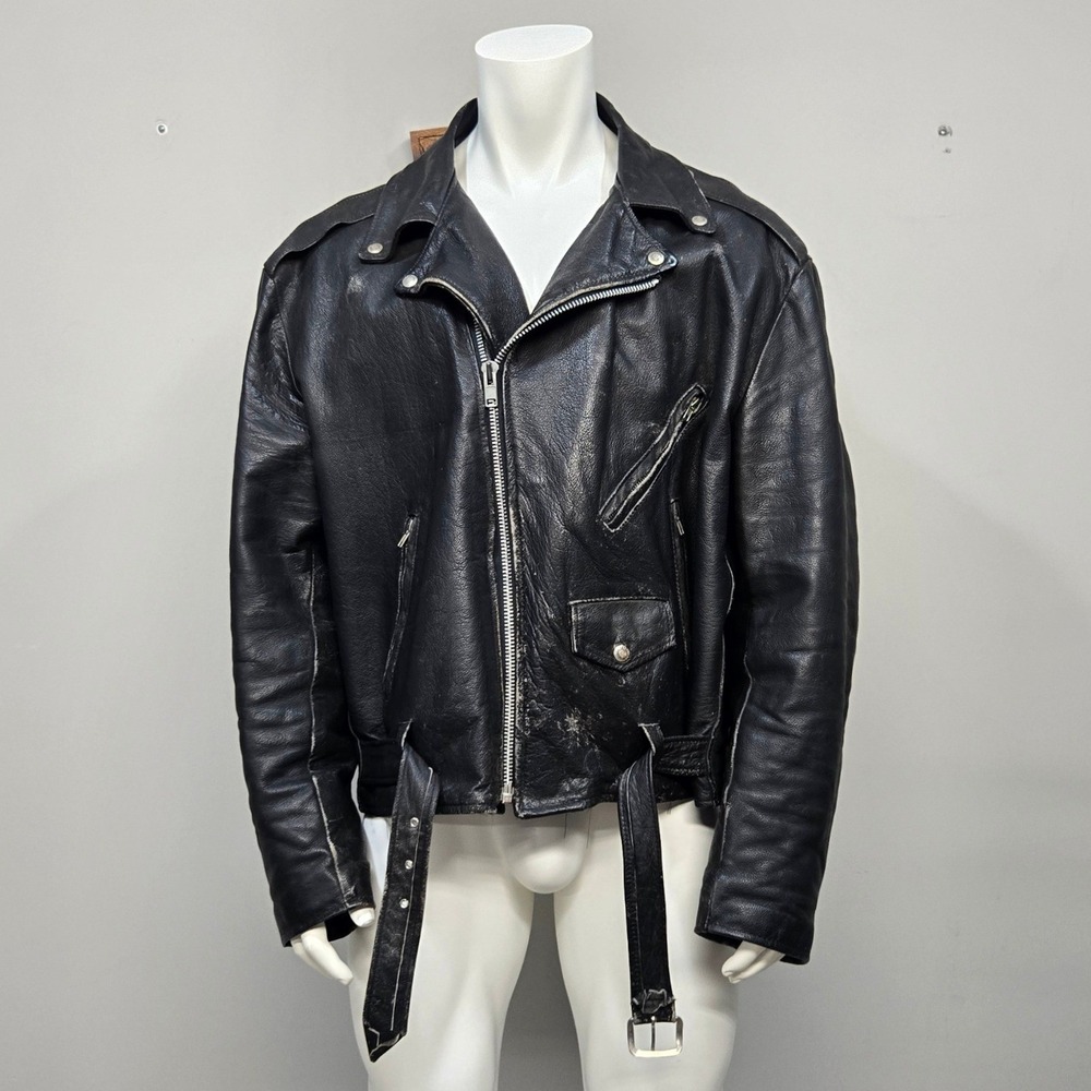Vintage 70s Excelled Leather Biker Jacket 54T Distressed Black Moto Made In‎ USA